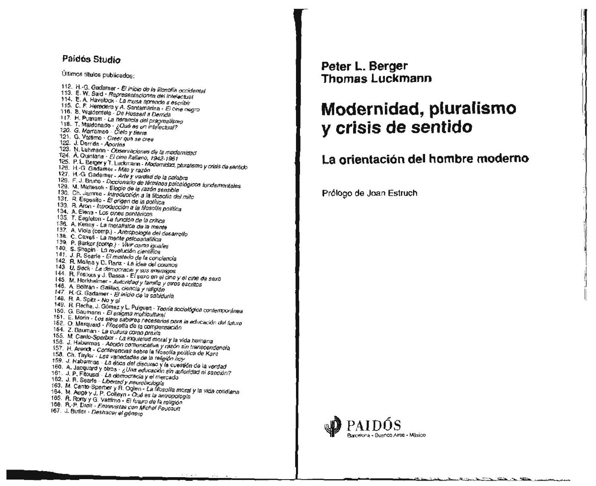 Modernidad, pluralismo y crisis de sentido